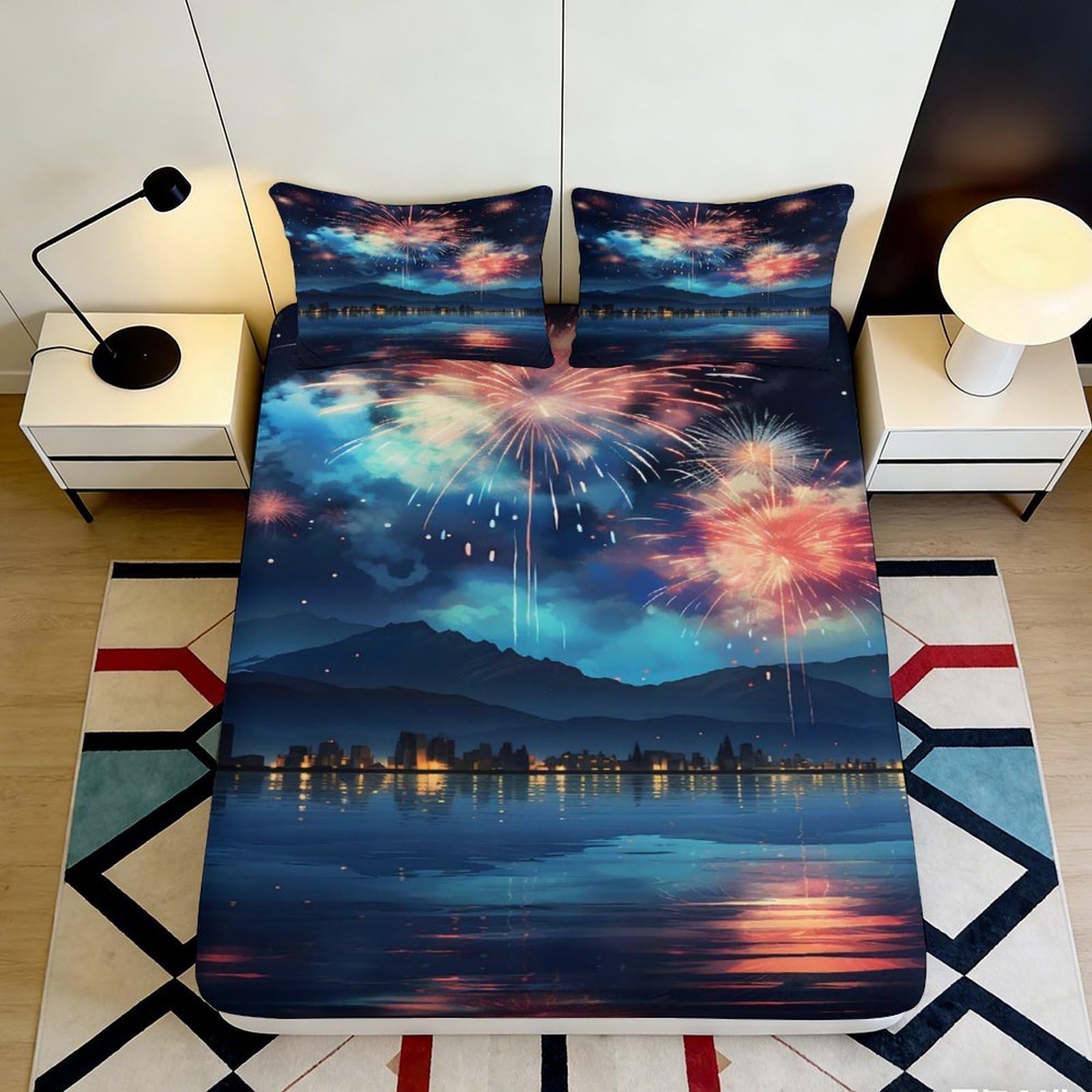 3D Printed Fireworks Nightscape Fitted Sheet Microfiber Soft Bed Cover for Bedroom Dorm Mattress Protection Decor 90x200x25cm