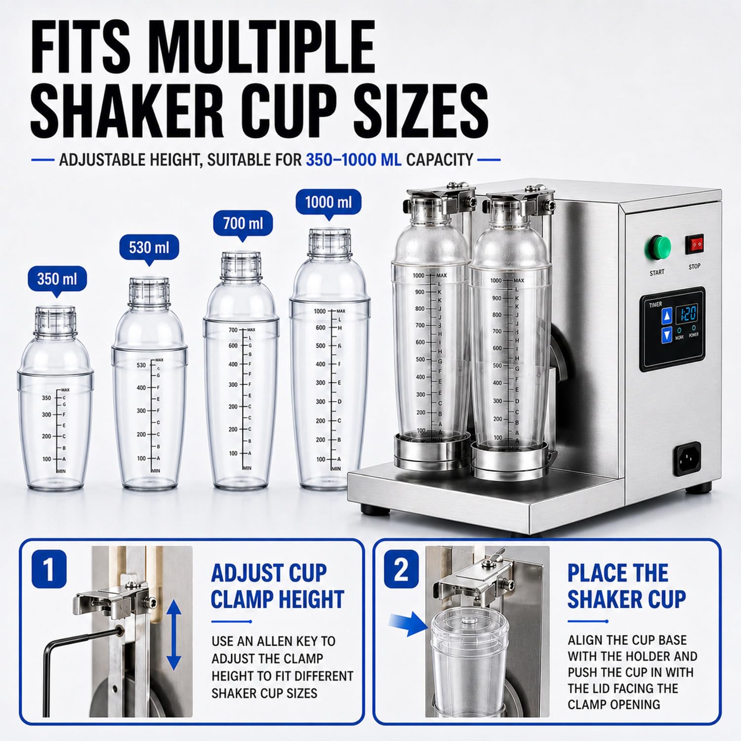 Frullatore Elettrico per Bubble Tea, Agitatore per Milk Tea a Doppio Telaio, Con 2 Bicchieri Agitatore Da 700 Ml, Regolabile 0-120 S, 340 Giri/Min, Per Negozi Di Tè Al Latte, Caffetterie E Cucine