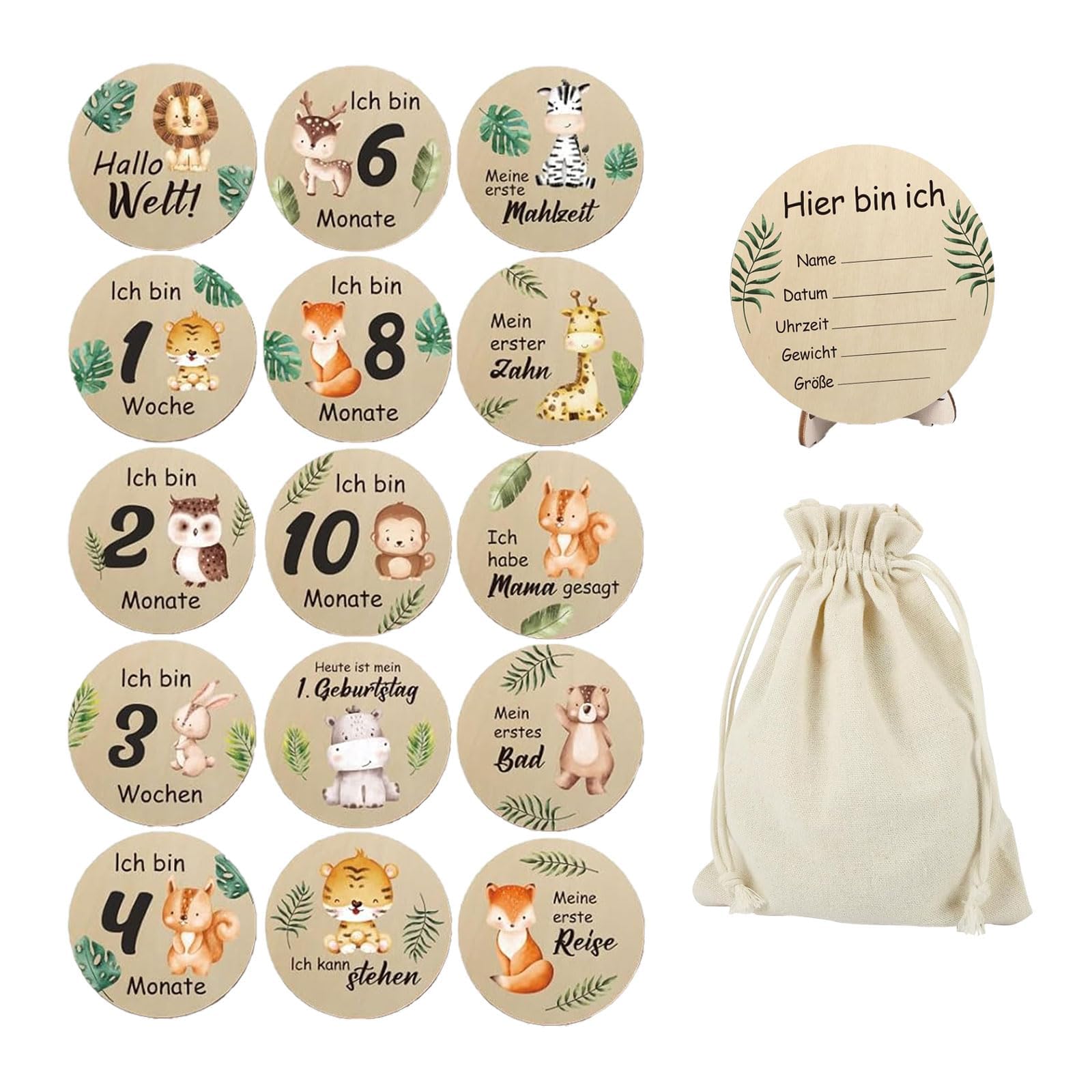 TERRIFI Monthly Milestone Photo Cards for Baby's First Year 15 Pcs, Wooden Newborn Welcome Discs Sign Double Sided Photo Prop with Stand, Exquisite Animal Pattern Pregnancy Journey Milestone Markers