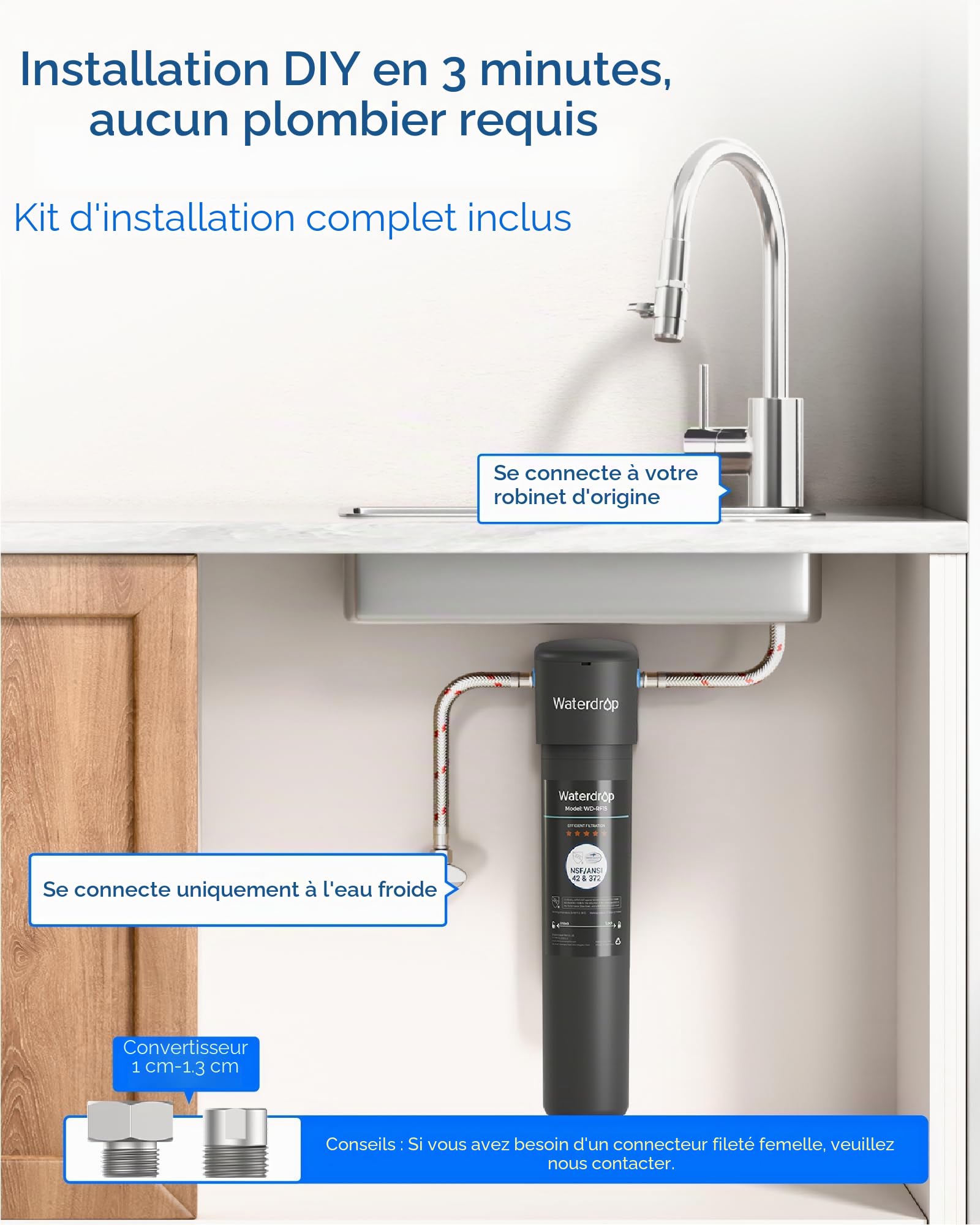 Waterdrop 15UA Système de Filtre à Eau sous le Comptoir, Connexion Directe au Robinet de Cuisine, Capacité de Réduction de Chlore Elevée de 60000 Litres, USA Tech