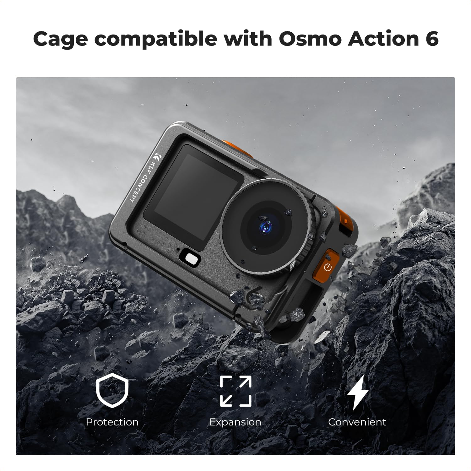K&F CONCEPT Klatka na kamerę + magnetyczny adapter Mount do DJI Osmo Action 6, obudowa ochronna z ramą rozszerzającą i uchwytem na stopkę, aluminiowa obudowa ze śrubą 1/4", kijek do selfie