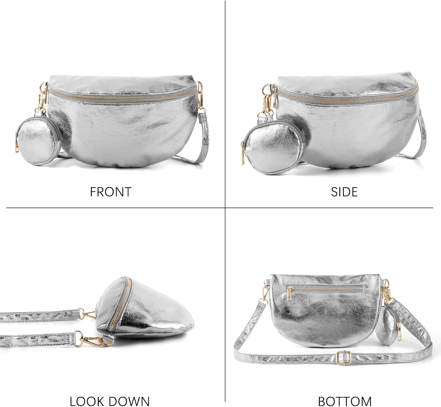 Crossbody Bags for Women Fashion Sling Purse Shoulder Bag Fanny Pack Leather Causal Chest Bum Bag Cross Body Purse (Silver) - Image 2