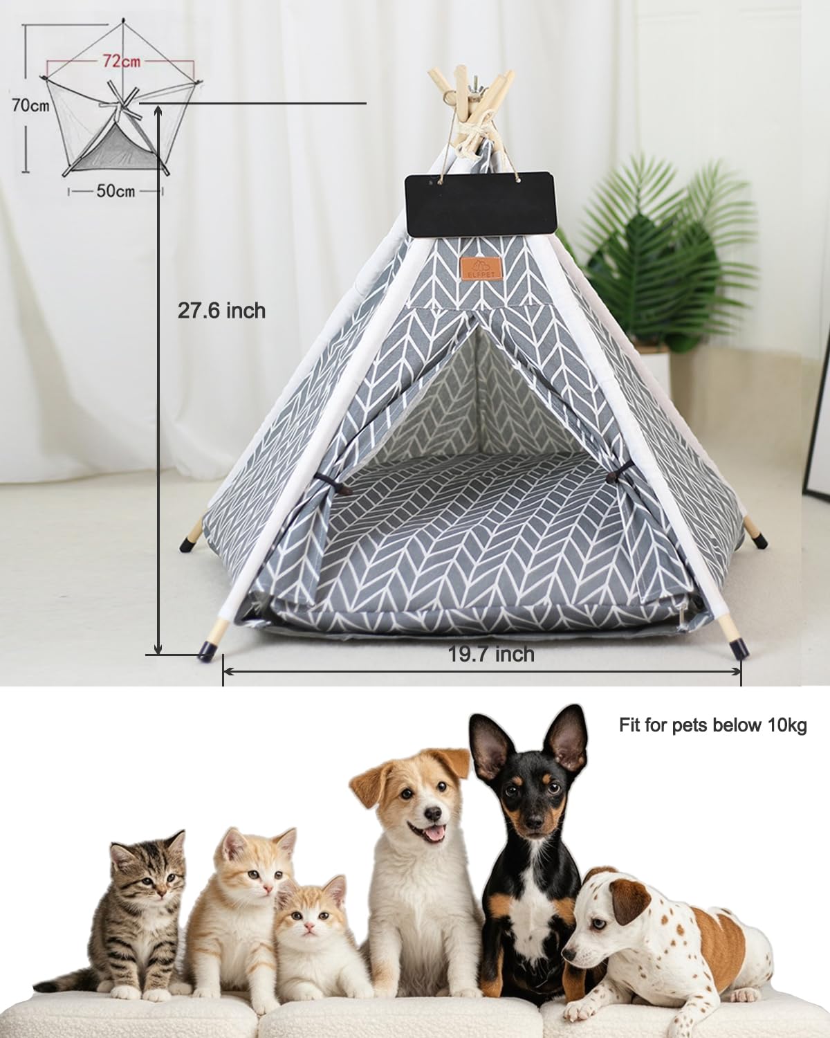 Tente tipi pour chat et chien, tente d'intérieur avec coussin, tente d'intérieur pour petits animaux de compagnie pour chiens et chats, cachette tipi confortable pour chiots, chatons et