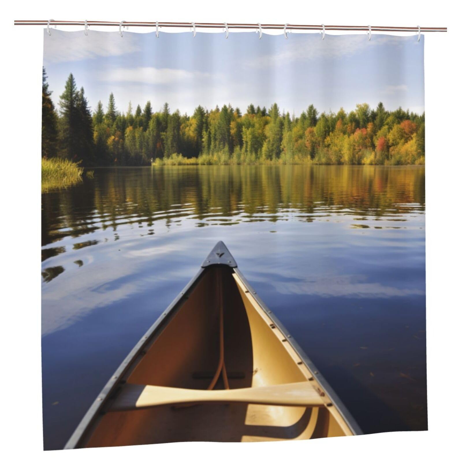 BWWHCCTI Canoe on Lake Printed Shower Curtain With 12 Plastic Hooks Opaque Quick Drying Waterproof Shower Curtains Sets For Bathroom 183x183 CM