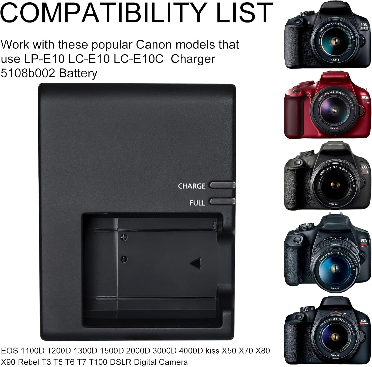 LC-E10E Quick Charger for Canon: LP-E10 LC-E10 LC-E10C Compatible Battery EOS 1100D 1200D 1300D 1500D 2000D 3000D 4000D kiss X50 X70 X80 X90 Rebel T3 T5 T6 T7 T100 DSLR Digital Camera (Black)