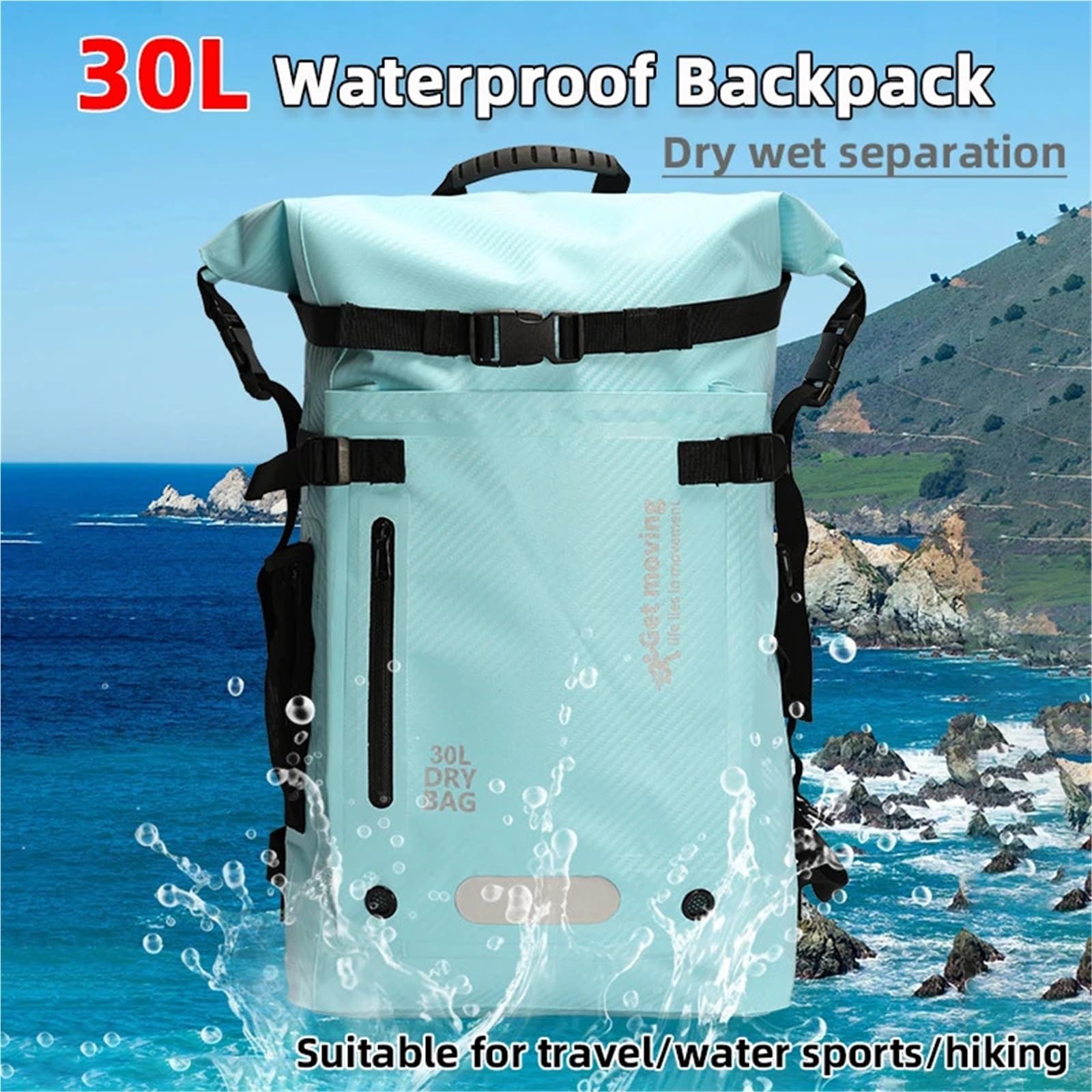 30L Dry Bag mit großer Kapazität, Trocken- und Nasstrennung, wasserdichter Schwimmrucksack for Reisen/Wassersport/Wandern, Aufbewahrungstasche FüR Wassersport Wandern Camping(Green)