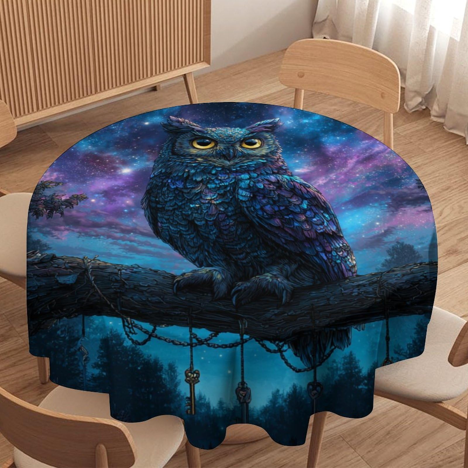 LUYYSKY Modern Classic Cool Owl Waterproof Round Tablecloth Rustic Watercolor Starry Sky Galaxy Tree Branch Animals Owl Washable Table Cover for Kitchen-91.4" Wx91.4 L cm