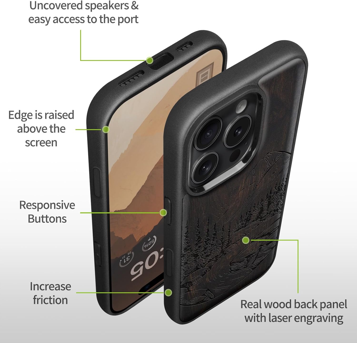 Carveit Magnetic Wooden Case for iPhone 16 Pro Case, Wood Artisan Engraved & Black Soft TPU Shockproof Cover, Compatible with MagSafe Wireless Chargers (Lake and Mountain) Blackwood