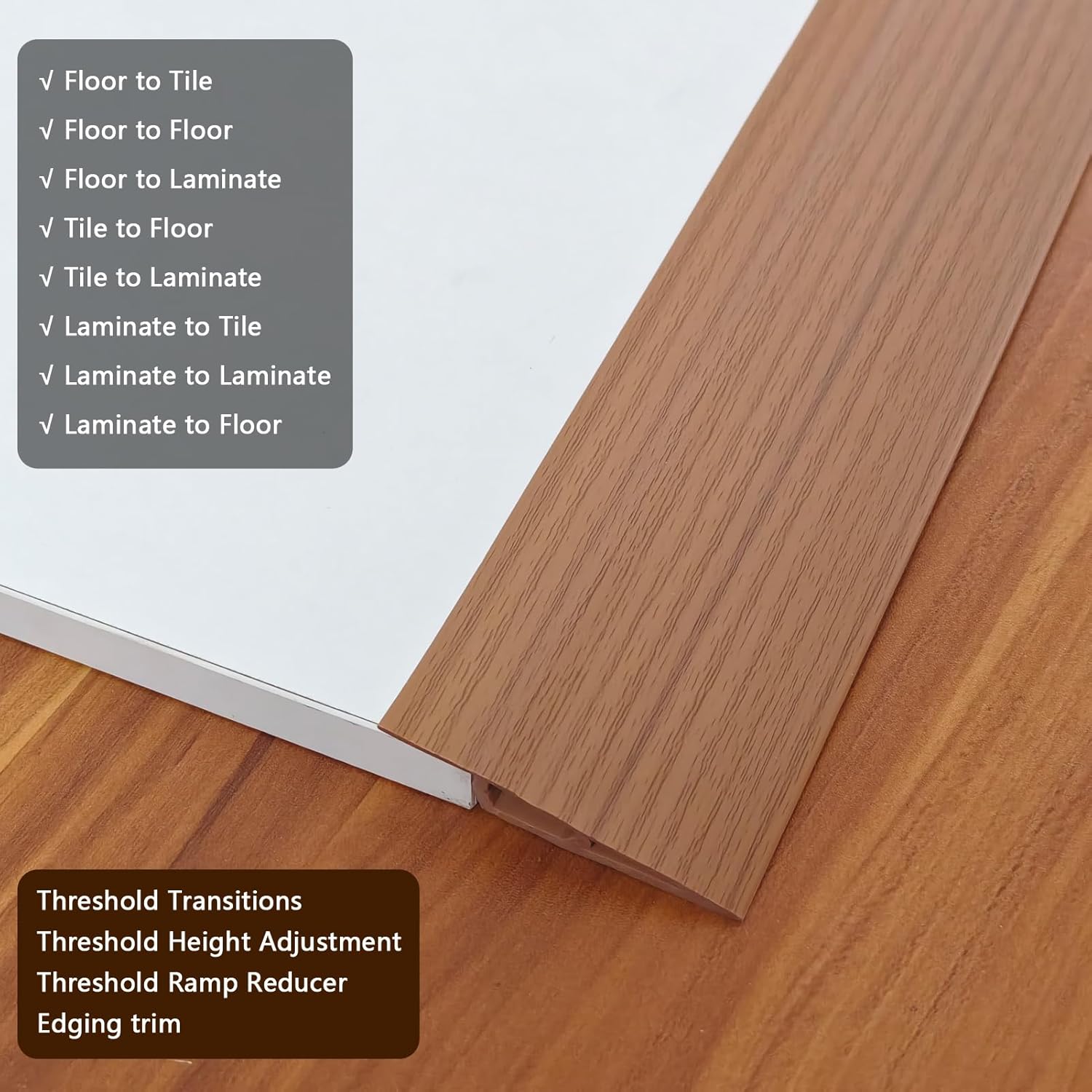 3.3ft Floor & Carpet Threshold Transition Strip, Vinyl Self Adhesive Overlap Edge Reducer, Edging Trim for Doorway Flooring Laminate and Tiles, Beveled Ramp Guard for 3/5" Thick Material