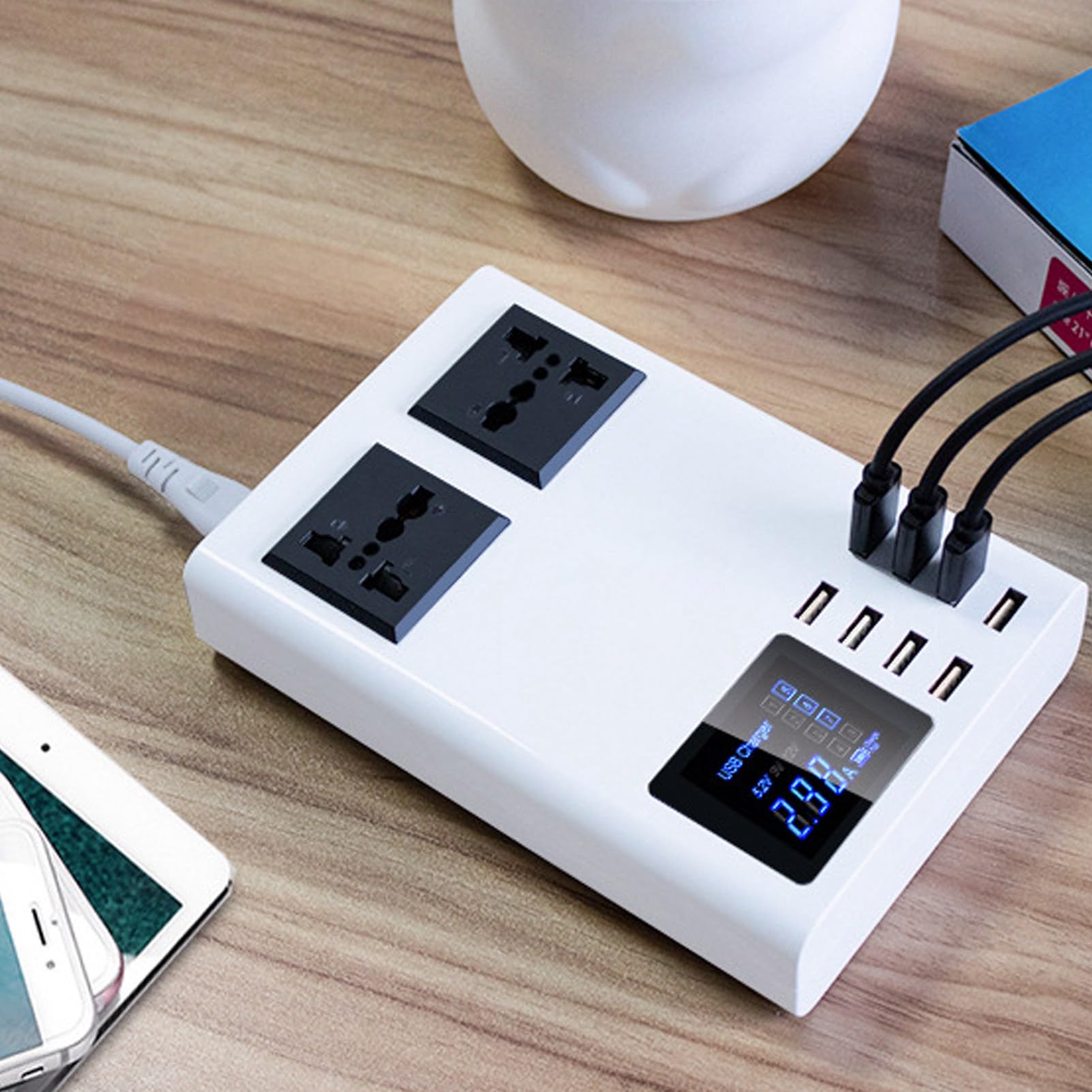Fyearfly Placa De Carga USB De 8 Puertos, Adaptador De Cargador USB LED Protección contra Sobrecorriente De Sobretensión Adaptador De Corriente De Cargador LCD USB De 8 Puertos(UE)