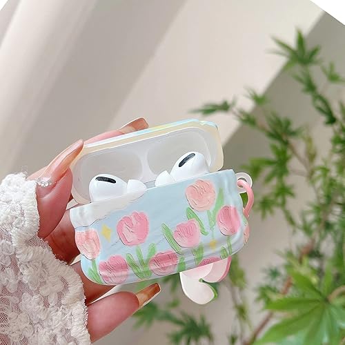 Miniatura 4 de PHOEACC Bonita funda para Airpod Pro (no compatible con Airpod 3rd 2021) flor con llavero floral en forma de onda, funda protectora de TPU suave