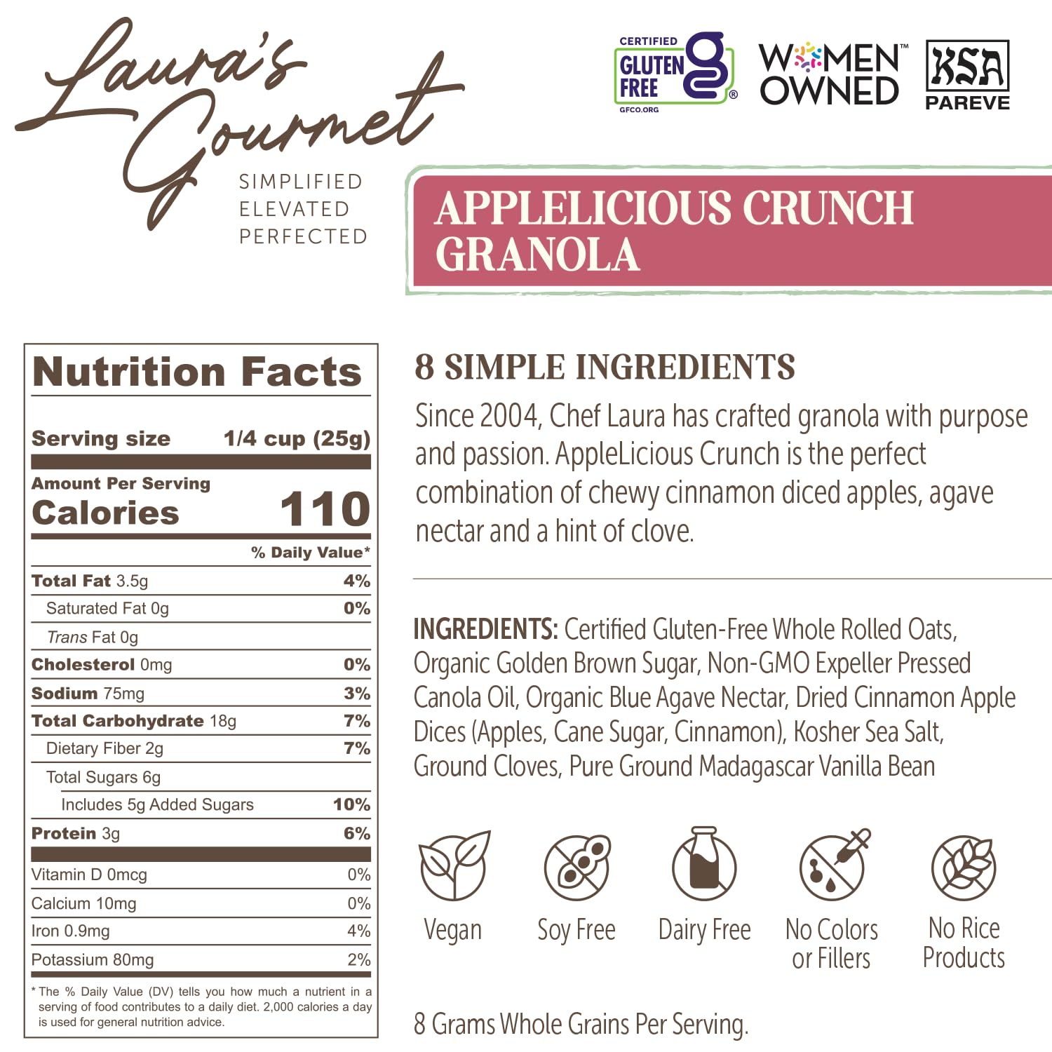 Laura's Gourmet Granola AppleLicious Crunch, 2 lb, Gluten-Free Oats, Vegan, Dairy & Soy Free Snack, Organic Agave, Cinnamon Diced Apples, Artisan, Breakfast Cereal, Non-GMO, Natural