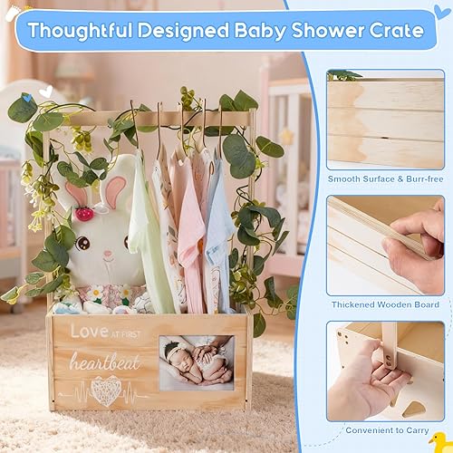 Miniatura 6 de Armario de caja de baby shower con marco de fotos, cesta de madera para bebé con 5 perchas y decoración de guirnalda, almacenamiento personalizado