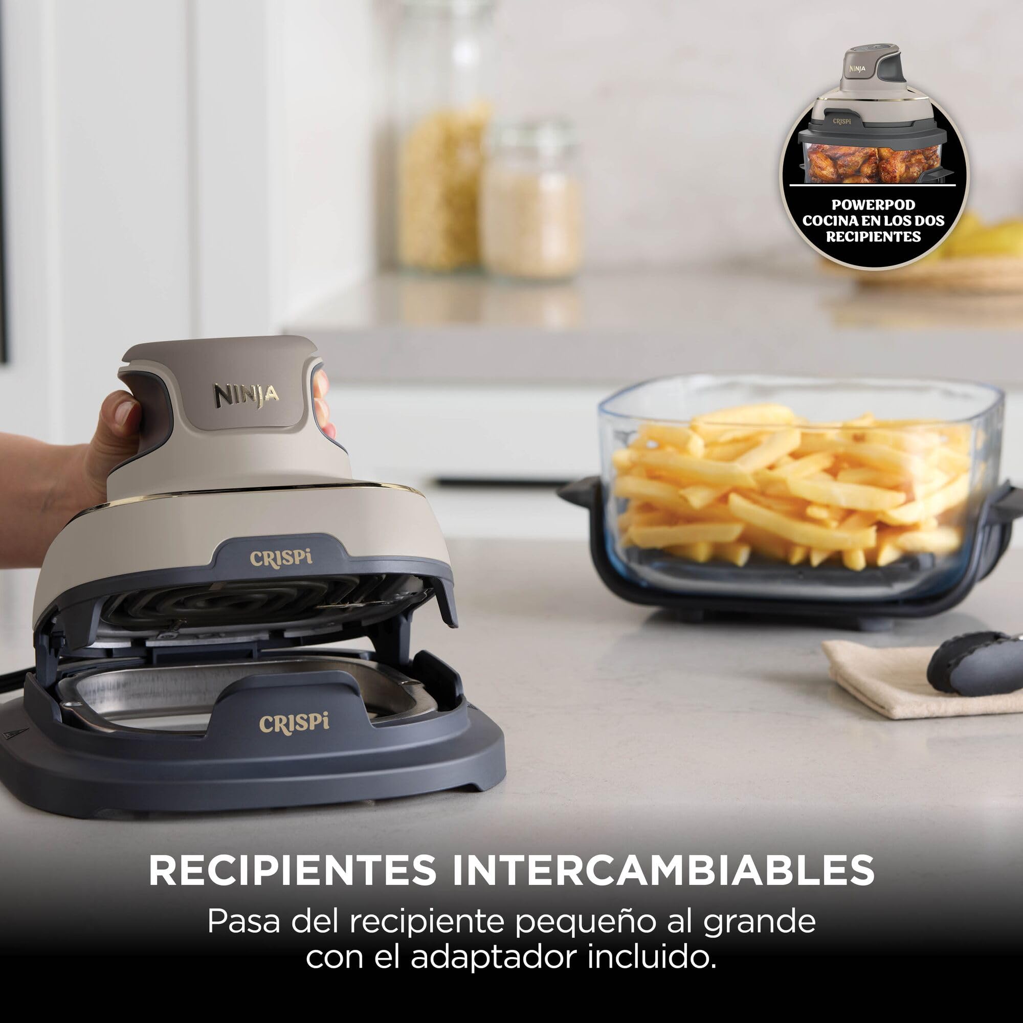 Ninja CRISPi Freidora de aire portátil, 3,8 l, 4 en 1, freír con aire, asar, mantener caliente y gratinar, incluye 2 recipientes de vidrio extraíbles y tapas, piedra dorada, FN101EUSTGD