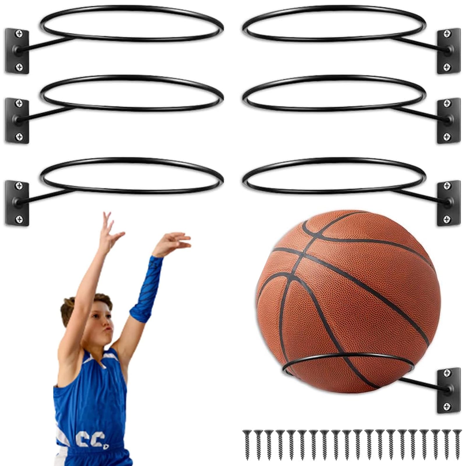 6 Pièces Support Mural pour Ballon, Support en métal de Balle Mural Universel, Supports Mural pour Ballon de Sport, Support de Ballon muralavec vis, pour Football, Volleyball, Basketball (Noir)