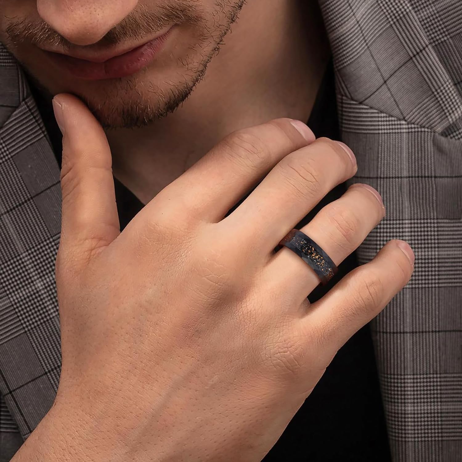 Tungsten Rings for Men 8mm Black/Silver/Gold Fashion Promise Wedding Band Hammered Groove Meteorite Orbo Carbide Beveled Polished Edge Comfort Fit - Image 5