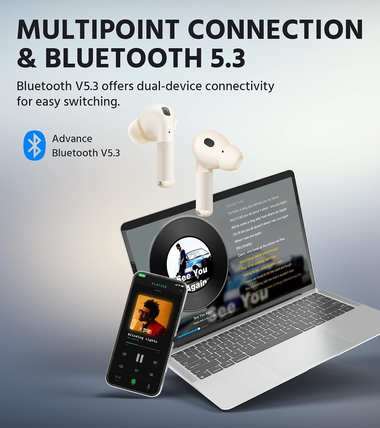 Edifier W260NC Earbuds connected to a laptop and smartphone