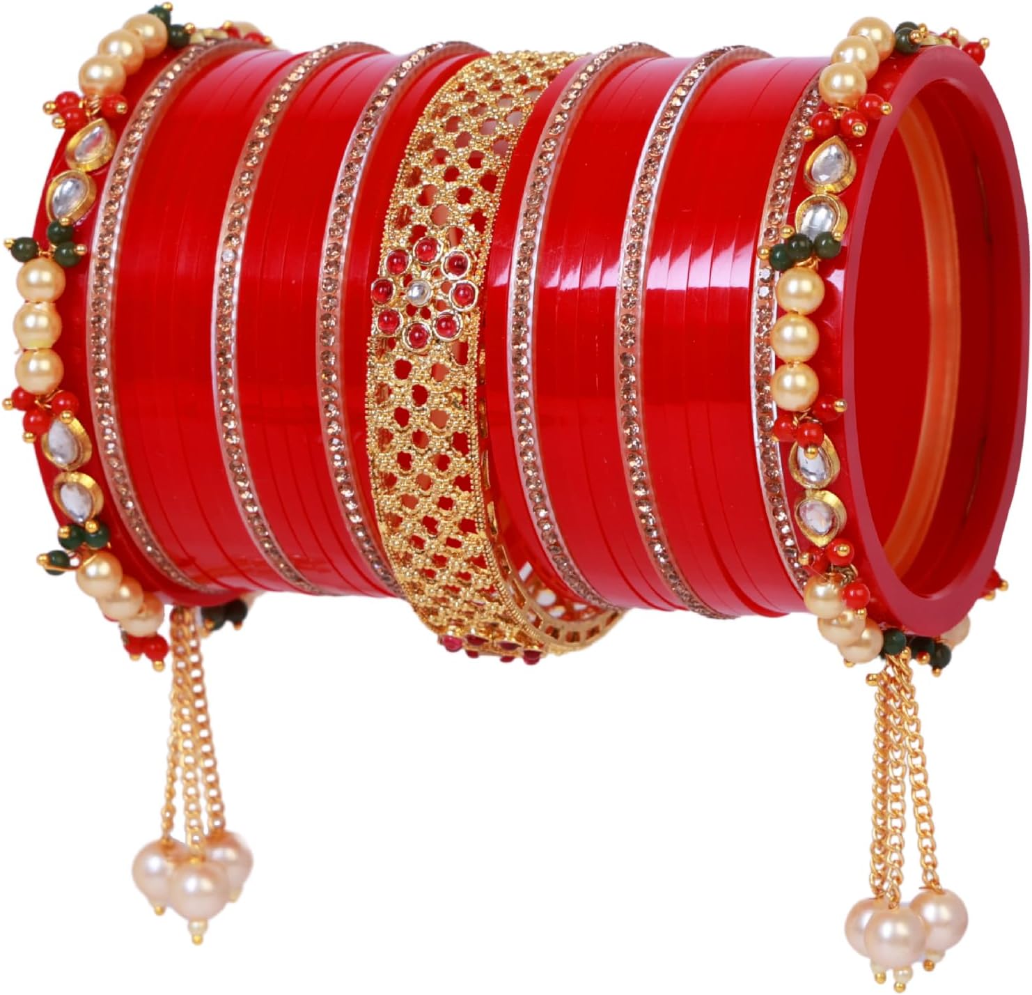 Efulgenz インドブライダルバングルセット 女性用 チュラバングル レッド パンジャブチュダ アクリルバングルセット ウェディ