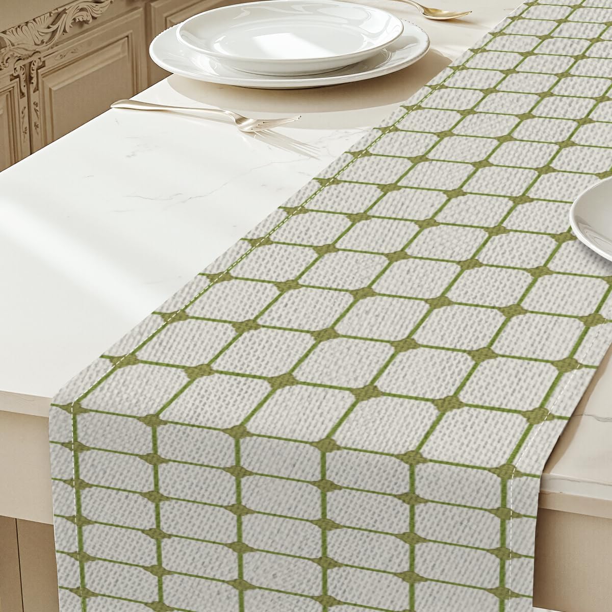 Sage Green Table Runner 13x72 Inch, Minimalist Plaid Check Linen Table Runner for Dining Room Living Room Kitchen, Boho Rustic Runners Holiday Party Decor for Home Indoor Outdoor Farmhouse - Image 3