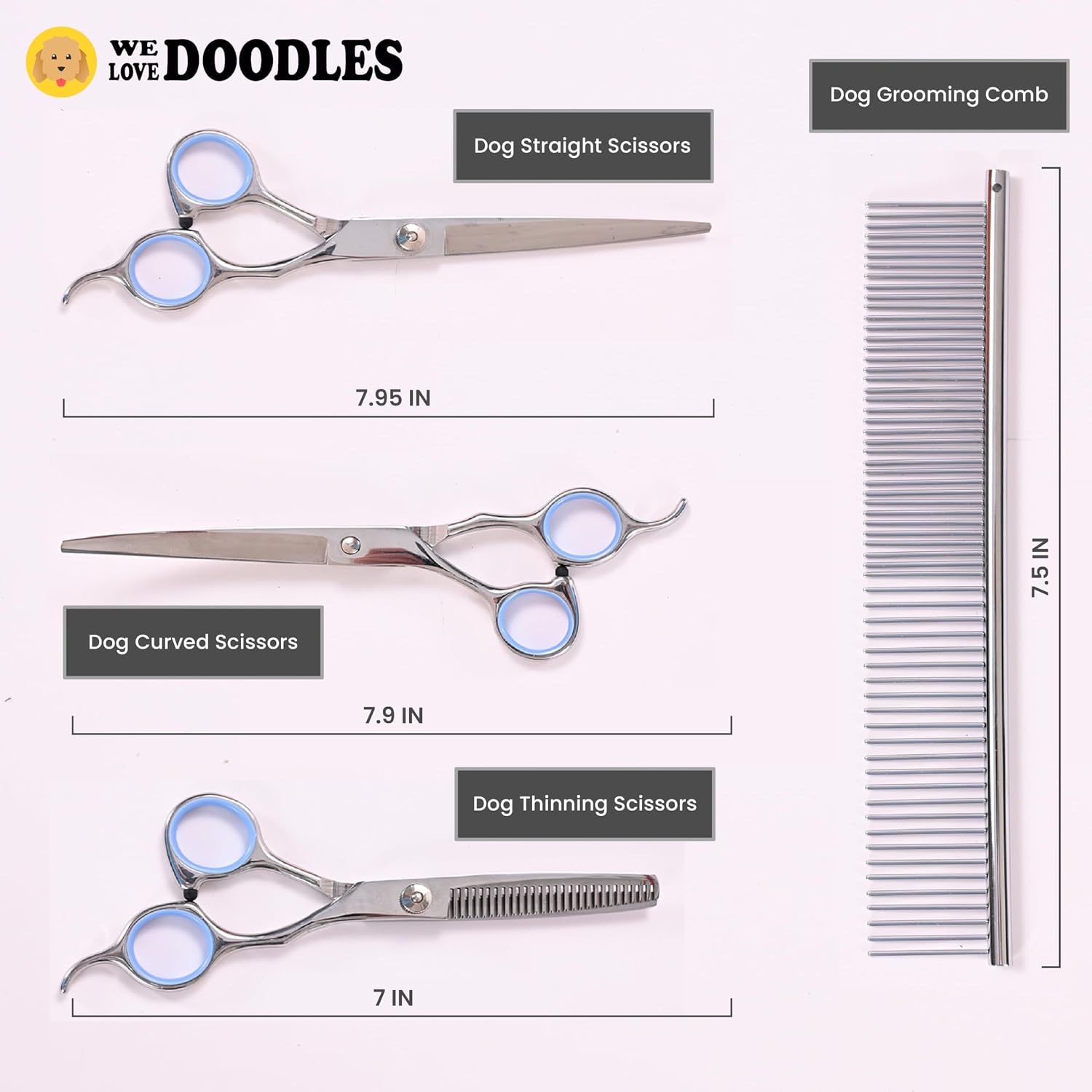 Dog Grooming Scissors Kit, Curved, Straight & Thinning Shears Set, Silver image 2