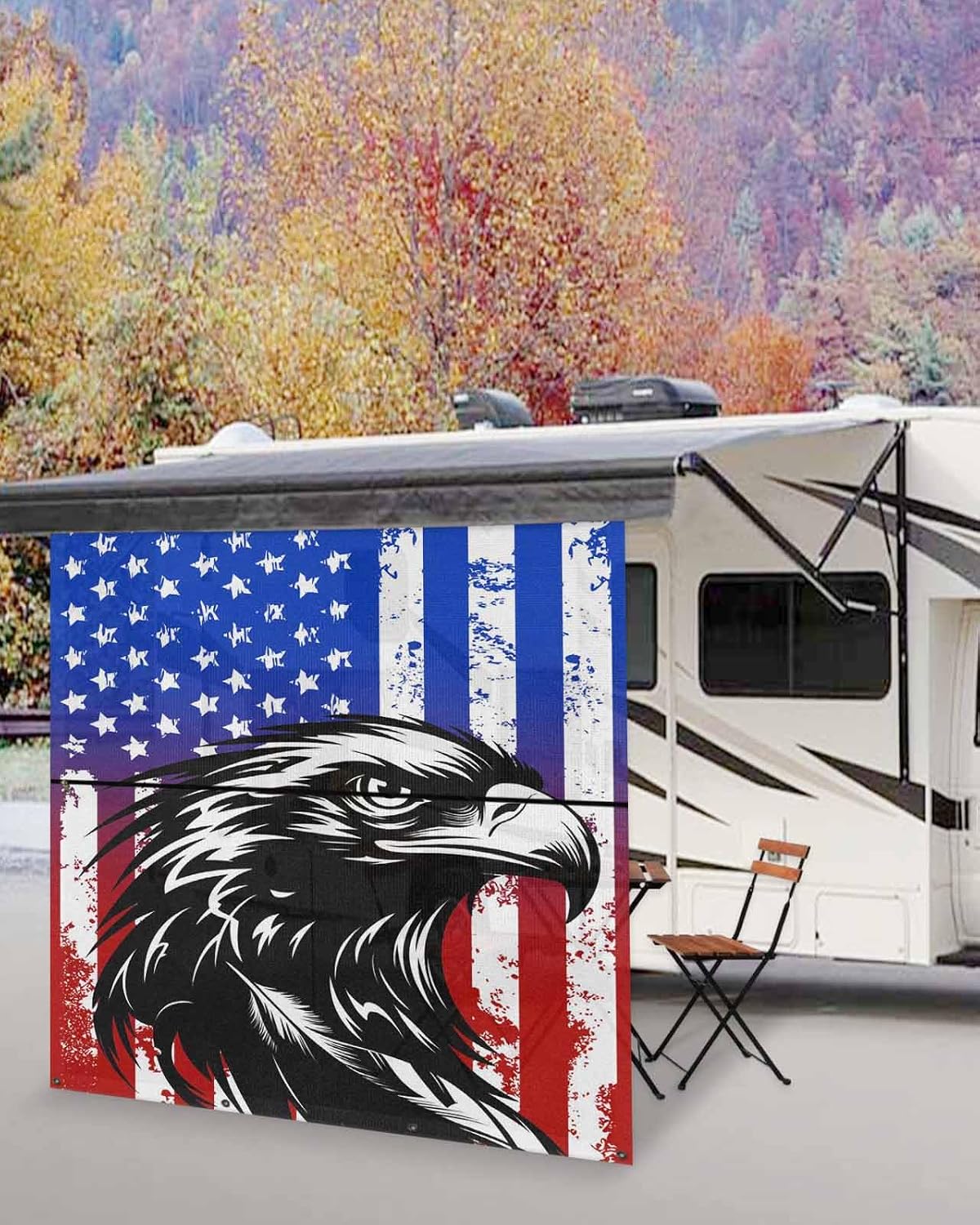 RV Awning Sun Shade Screen 9'X7' American Flag Mesh Sunscreen Patriotic Star Stripes Eagle Awning Shade Screen with Zipper UV Blocker Completed Kits Outdoor Canopy for RV Motorhome Camper Trailer