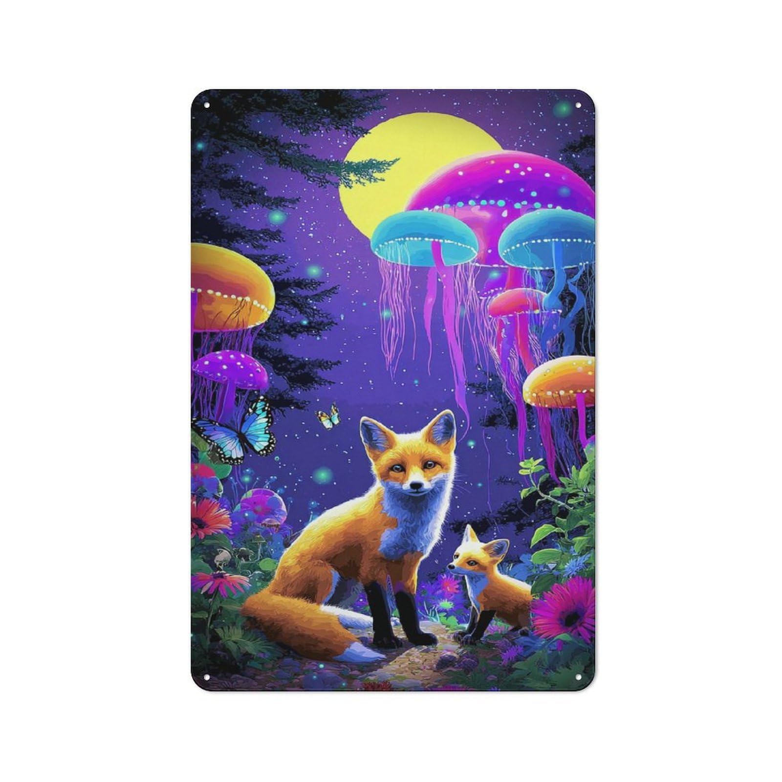 Metal Wall Sign with Enchanted Forest with Foxes And Jellyfish Mushrooms Design 30x20cm, Loft Style Studio Wall Art for Flat, Bar, Studio Or Gallery Wall