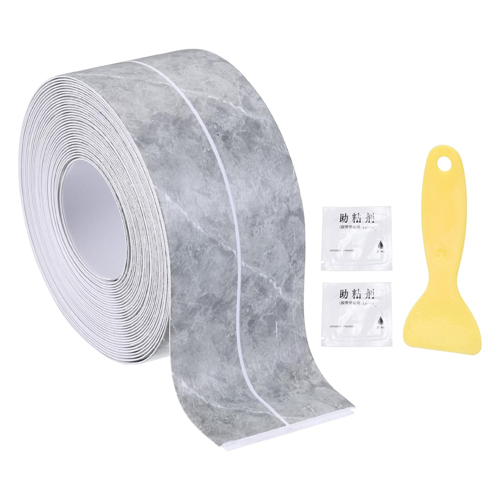 sourcing map Caulk Tape Waterproof, 1.42 Inch x 16.4 ft Self-Adhesive Sealant Sealing Strip Caulking Sealant Tape PVC with Tool for Kitchen Sink Toilet Bathroom Bathtub Floor, Gray Marble