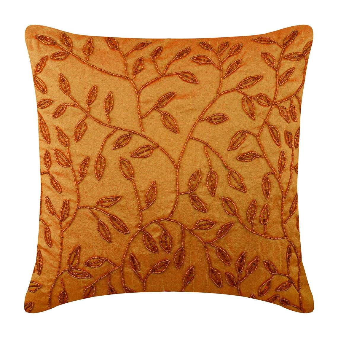 The HomeCentric Orange Euro Cushion Shams, Pack of 2, 65x65 cm (26"x26") Euro Cushion Cases, Beaded Leaf Tropical Theme Euro Cushion Shams, Silk Euro Sham, Floral Tropical Euro Shams - Citrus