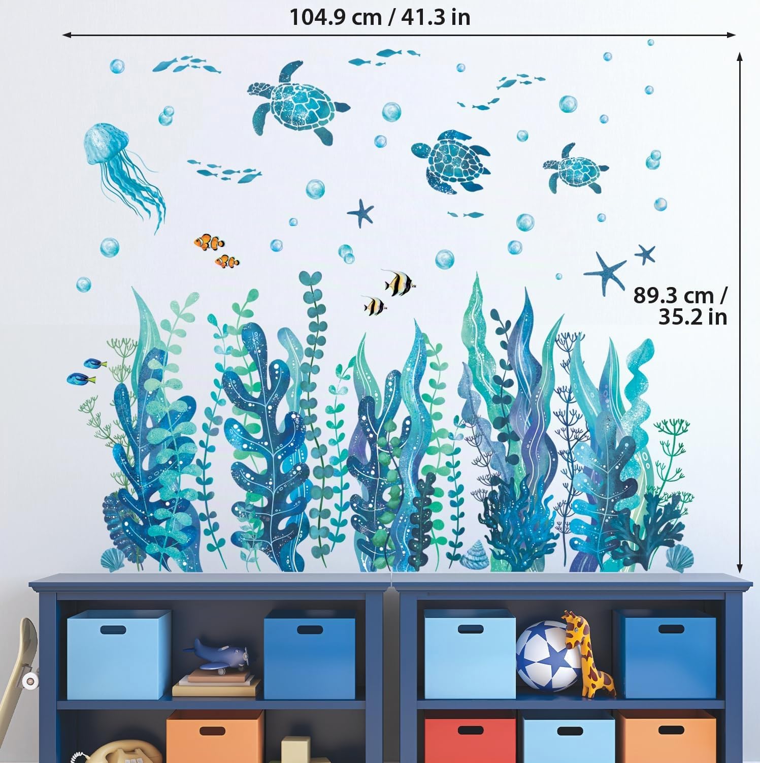 DECOWALL DS12-8084 Stickers muraux Sous La Mer Algues et Créatures Marines Tortues Herbe Marine Méduse Poisson Amovibles Pépinière Vinyle Autocollant Mural pour Chambre Salle de Bain Salon