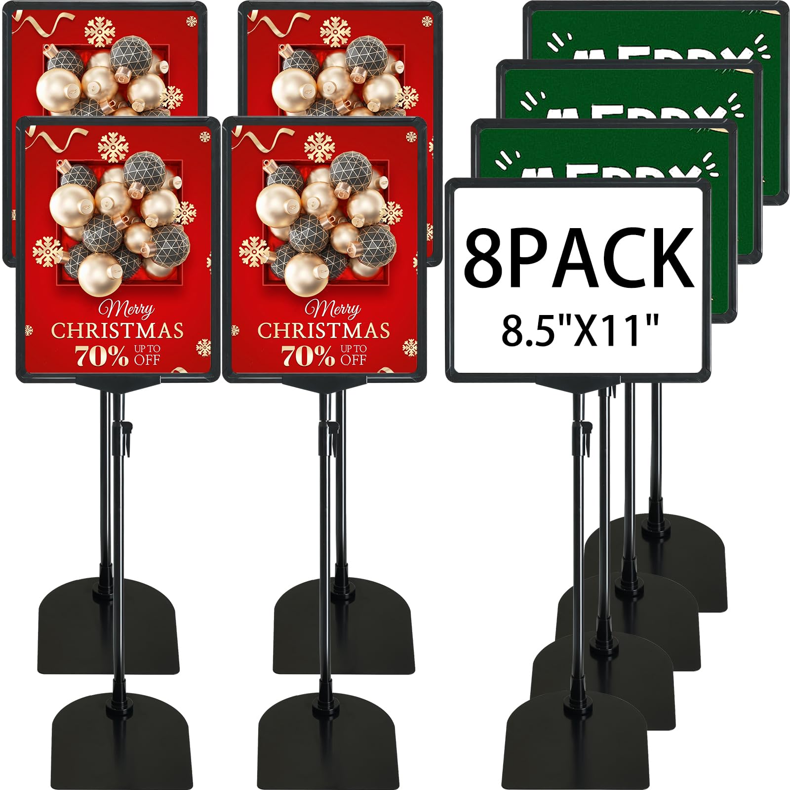 ONCEMORESign Holder, 8.5 x 11 Inch Sign Stand with Adjustable Height Snap Open, Reusable Sign Stands for Display Advertising Business Signage, Vertical and Horizontal Two View Modes (Black, 8 Pack)