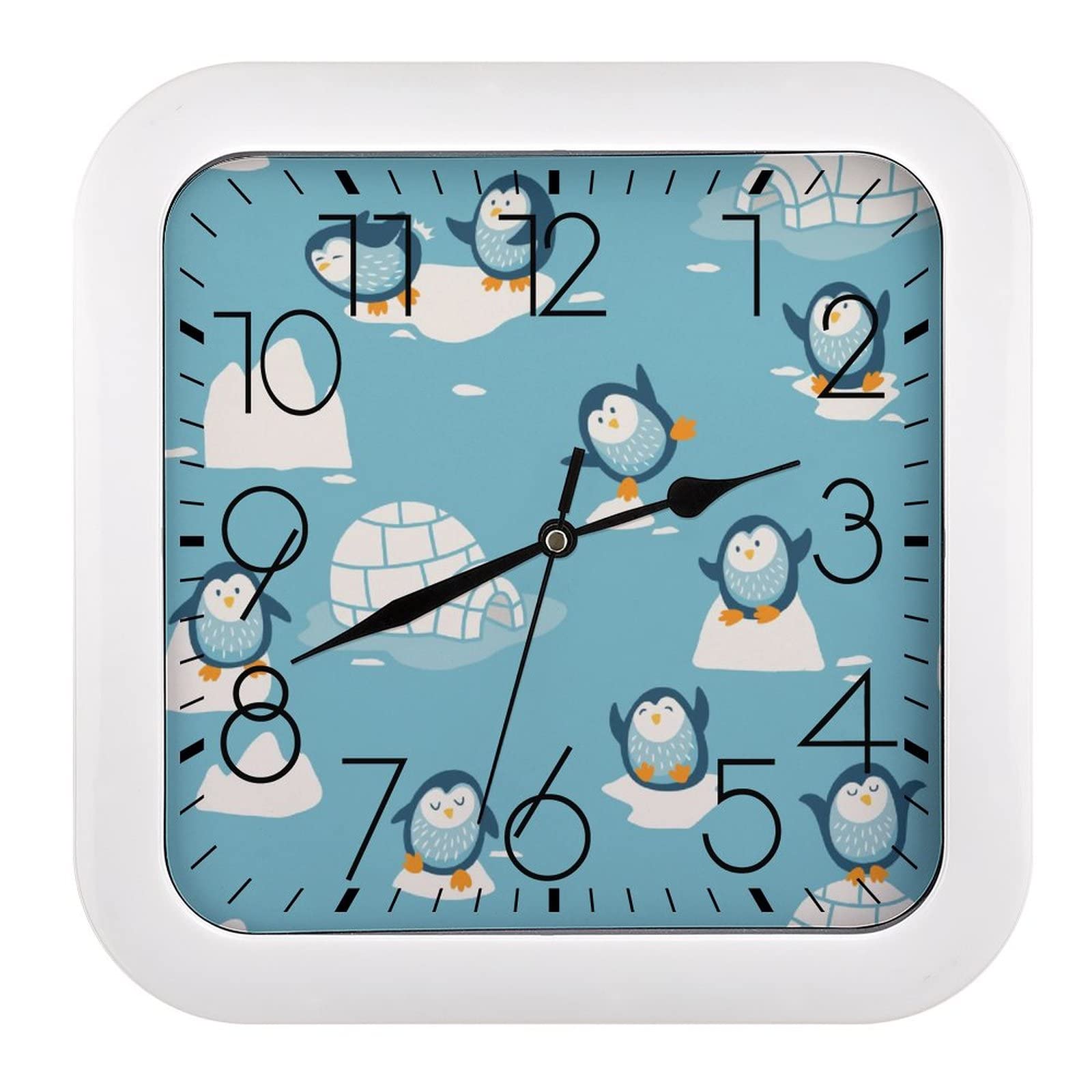 Horloge pingouin cartoon carrée de 26x26cm avec grands chiffres