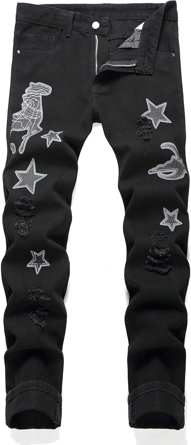 LUCKMILEE Men's Distressed Ripped Jeans, BlaAck, Straight Leg, Denim Pants with Frayed Details