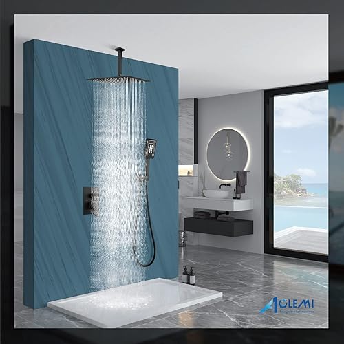 Miniatura 15 de Aolemi Sistema de ducha negro mate para montaje en el techo, cabezal de ducha de lluvia de 12 pulgadas con 3 funciones, rociador de mano ABS de alta