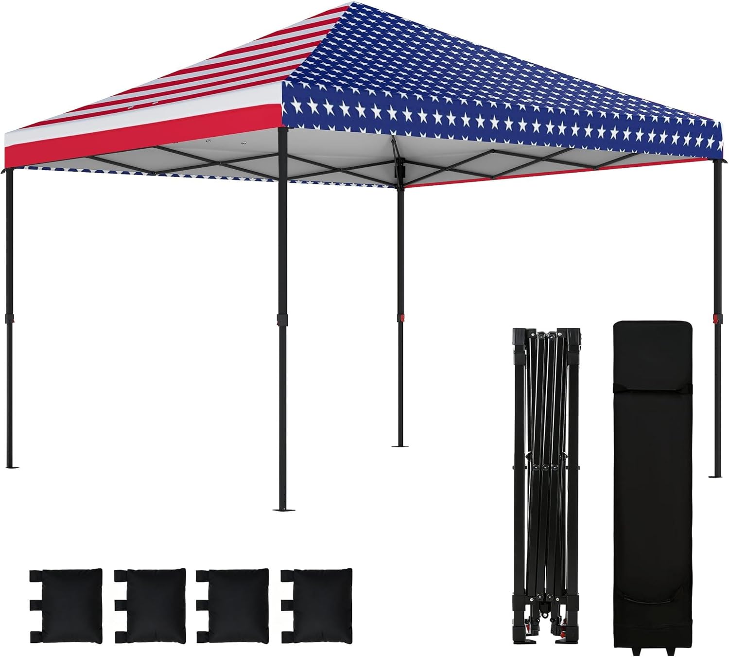 Outsunny 10 x 10 ft Pop Up Canopy Tent with One Push Setup, Easy Setup Outdoor Portable Instant Canopy Shelter with Wheeled Carry Bag, Sandbags, Adjustable Height for Parties, Events, American Flag