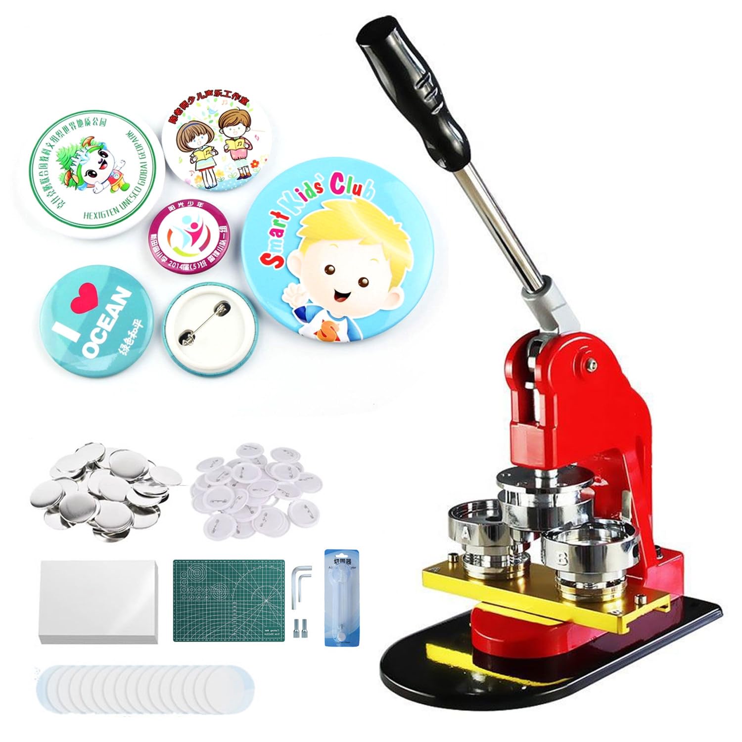 Kit per Creare Spille da 32/44/58/75mm con 100 Parti di Bottoni Circolari, 100 Fogli di Stampa, 1 Tappetino da Taglio E Taglierina Circolare, per Famiglia, Studio Artigianale,32mm