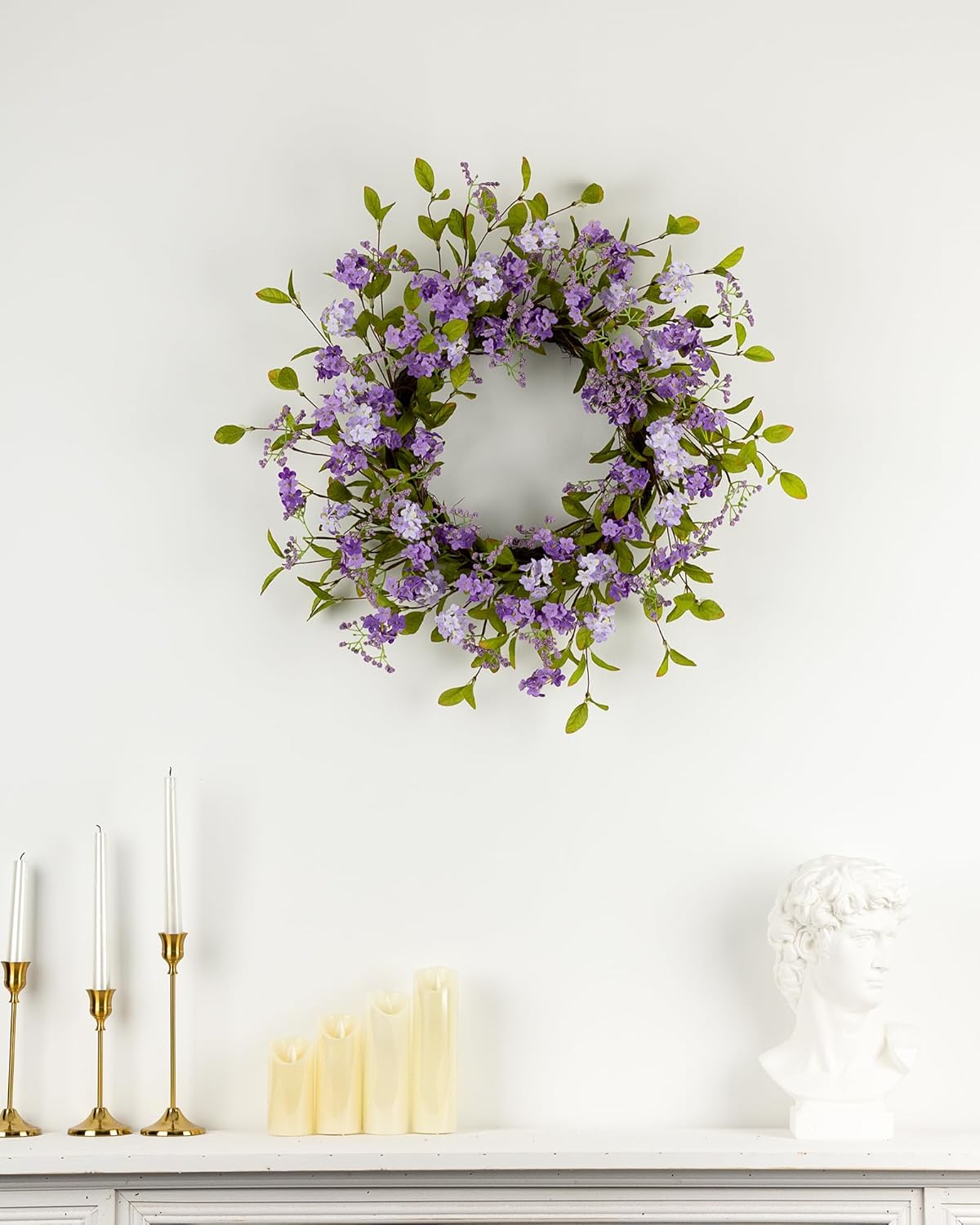 22" Spring Summer Wreath for Front Door, Artificial Lush Floral Purple Lilac Flowers Blooms Green Leaves Grapevine Base, Outdoor Indoor Wall Mount Home Decor