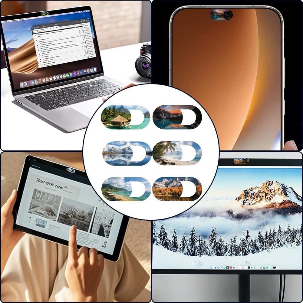 6Pcs 6 Styles Scenery Laptop Camera Cover Slide Beach Privacy Guard Accessories, Phone Front Camera Blocker 0.04 Inch Ultra Thin for Desktop Computer Tablet Notebook Mini PC Office Use