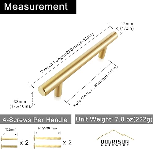 Miniatura 3 de QOGRISUN Paquete de 5 tiradores de gabinete de latón macizo, manijas de barra en T doradas estilo europeo, centro de agujeros de 6-14 pulgadas para