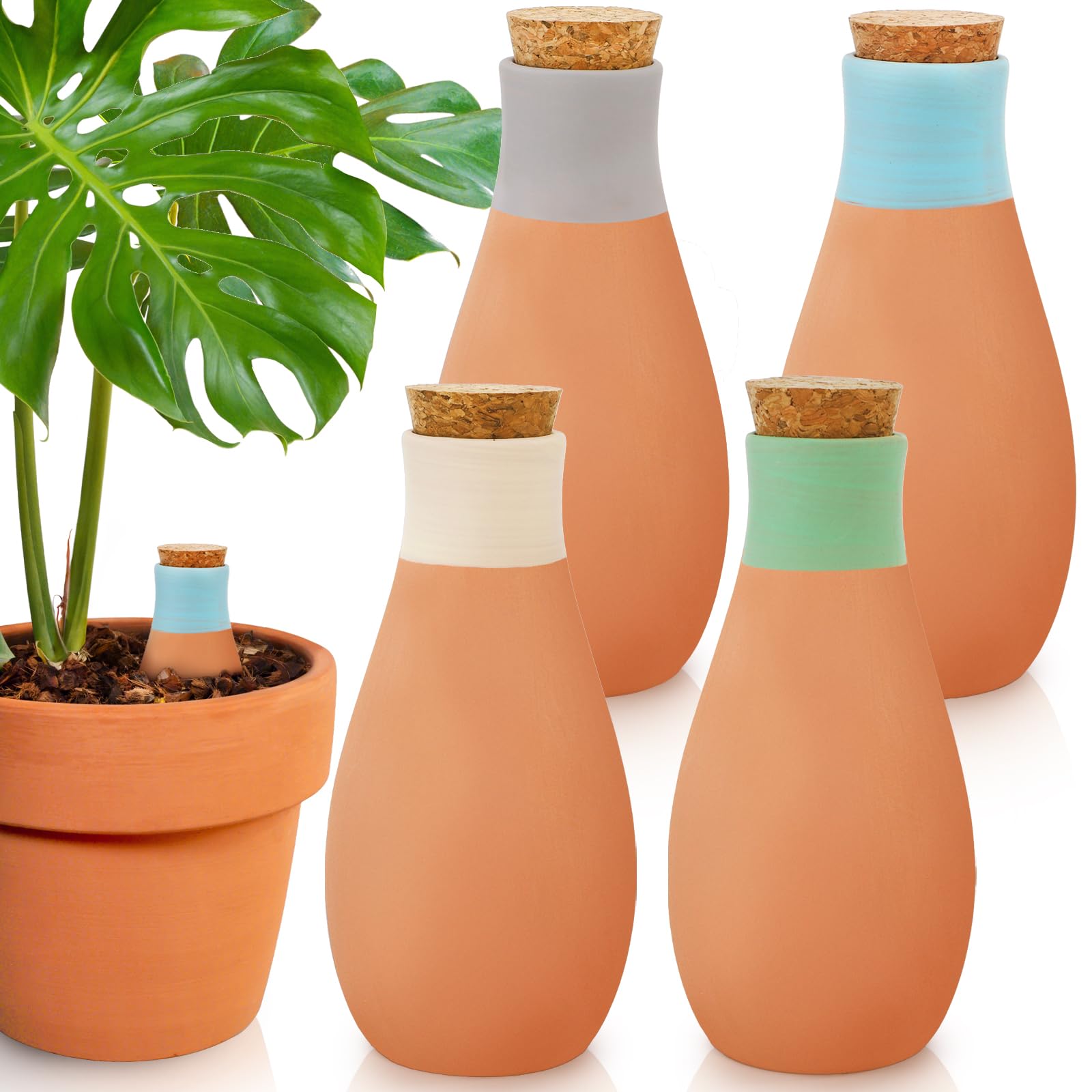 DEAYOU Lot de 4 globes d'arrosage automatique pour plantes en terre cuite avec couvercle, dispositif d'arrosage automatique pour intérieur et extérieur, plantes de vacances, facile à remplir