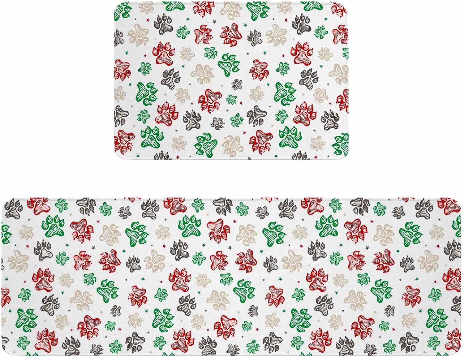 Merry Christmas Kitchen Rugs and Mats Set of 2, Non-Slip Kitchen Sink Mat, Xmas Snowflakes Red Green Pets Footprints Washable Doormat Bathroom Rugs Runner for Bedroom 15.7"x23.6"+15.7"x47.2"