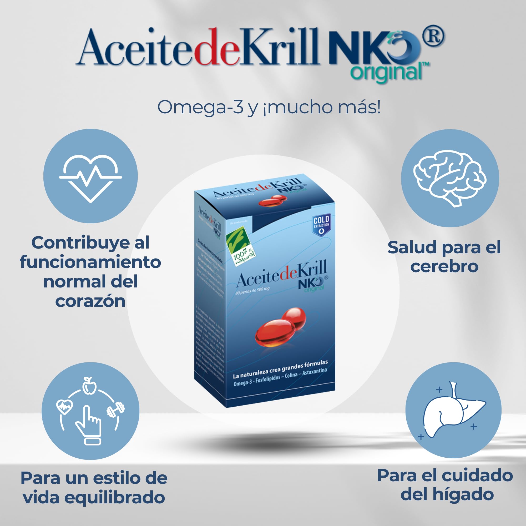 Aceite de Krill Antártico NKO 1000mg - Omega 3 EPA + DHA - 120 Perlas - Con Fosfolípidos, Colina y Astaxantina - 3 Veces Más Biodisponibilidad que Aceite de Pescado - Extracción en Frío - 100% Natural