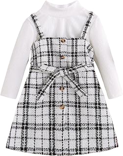 Toddler Girl's 2 Piece Outfits Ribbed Knit Long Sleeve Tee Top Plaid Belted Cami Dress Set