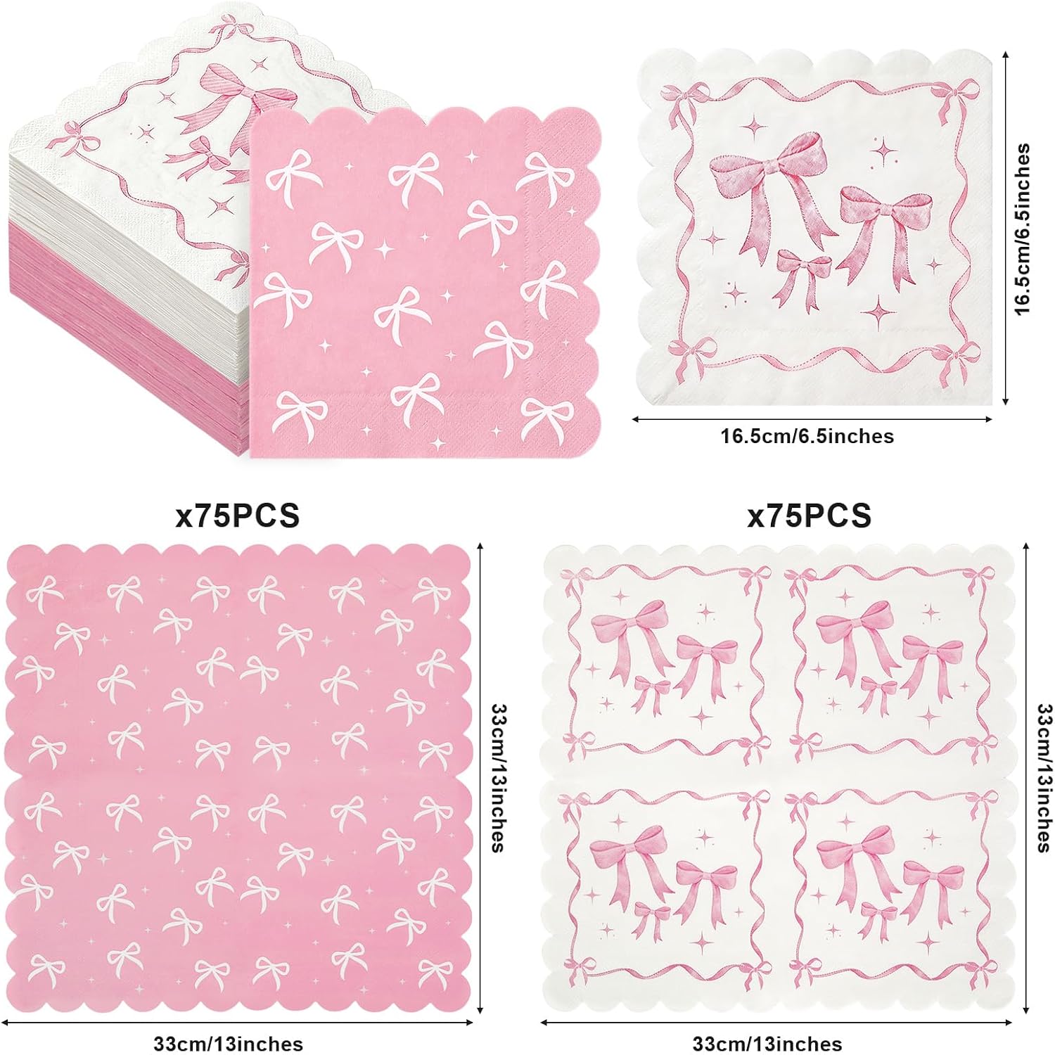 50 Pack Baby Shower Pink Bow Napkins Bulk, 2 Style Coquette Bow Disposable Soft Paper Napkins with Scalloped Edge, Bow Party Supplies for Bridal Shower Tea Birthday Party Table Decor image 2