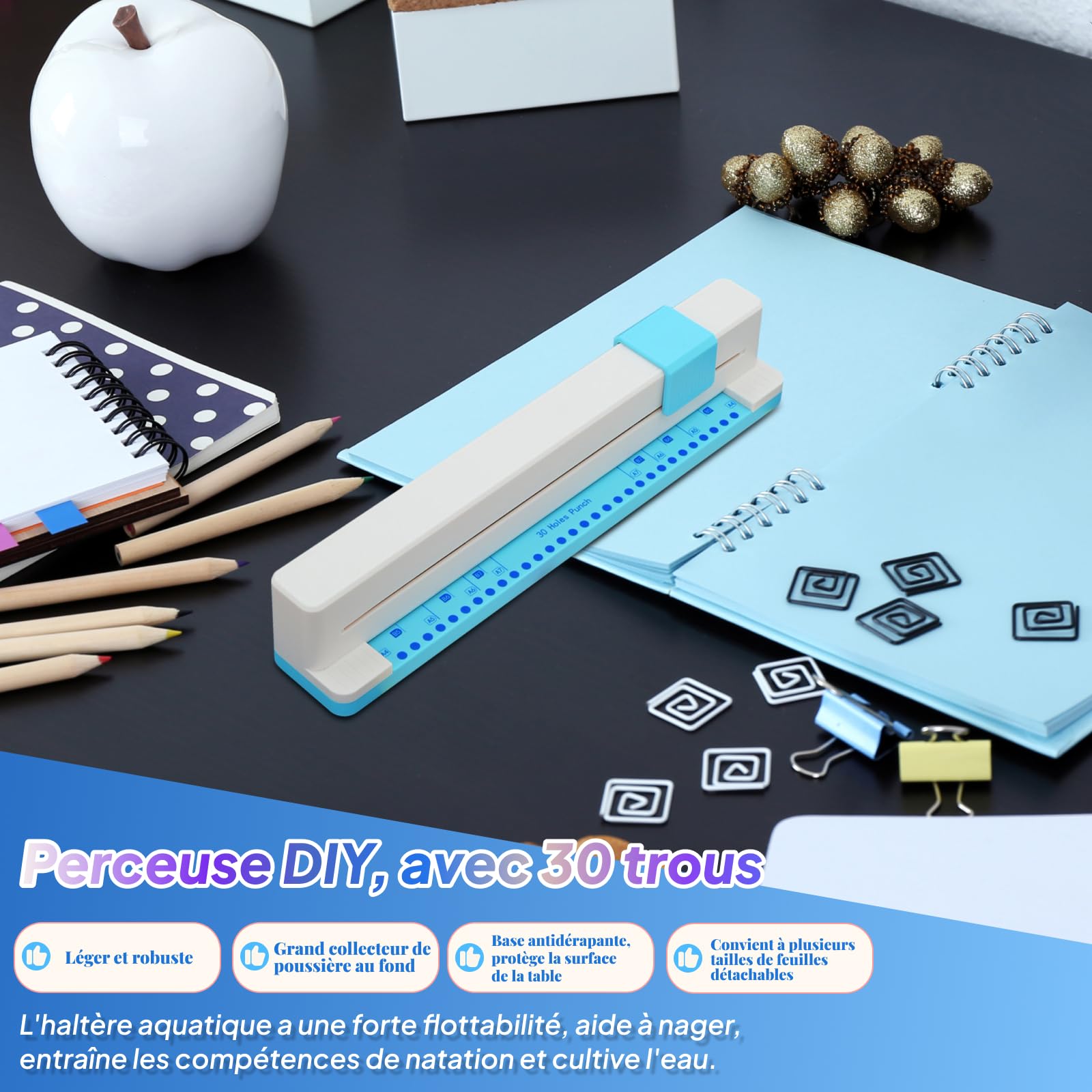 MagiDeal Perforatrice à Papier 30 Trous, Perforatrice Manuelle Réglable Perforatrice de Bureau, Base Antidérapante, Fournitures de Bureau, pour Feuilles Mobiles A4 B5 A5, Papier Artisanat