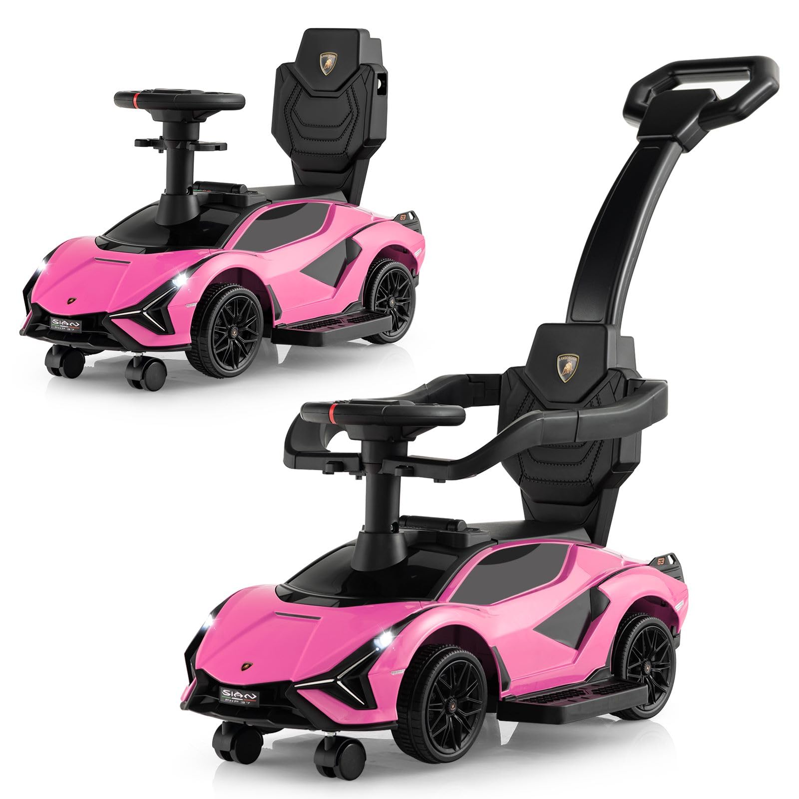 COSTWAY 3 in 1 Ride on Push Car, Licensed Lamborghin Foot to Floor Slider with Removable Handle & Guardrail, USB, Headlights, Music, Under Seat Storage, Toddler Sliding Car for 18-60 Months (Pink) — image 1