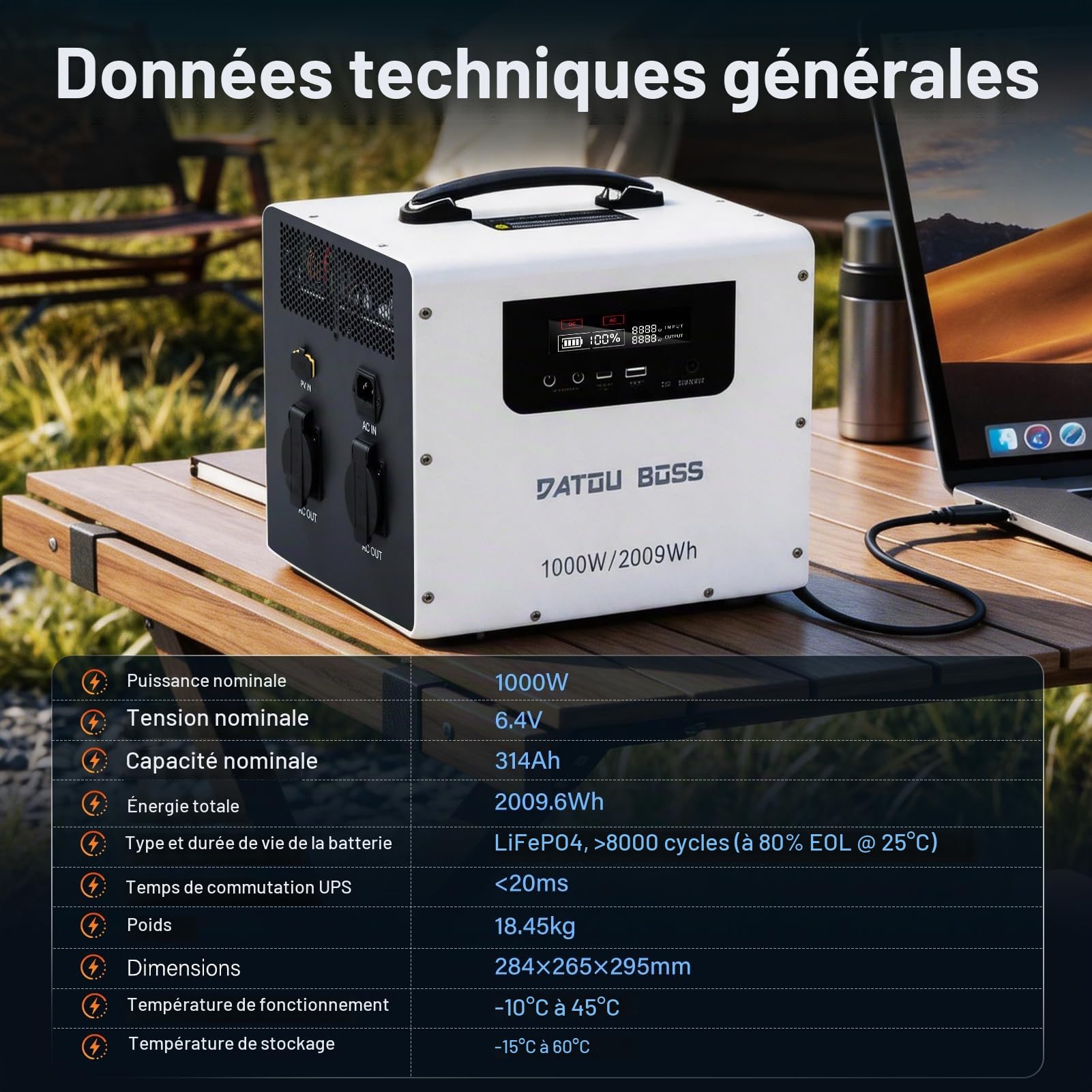 DATOUBOSS Générateur Électrique Portable, 1000 W/2009,6 Wh LiFePO4, générateur solaire 1000 W, stations d'alimentation portables, stockage d'énergie, voyages et camping en camping-car
