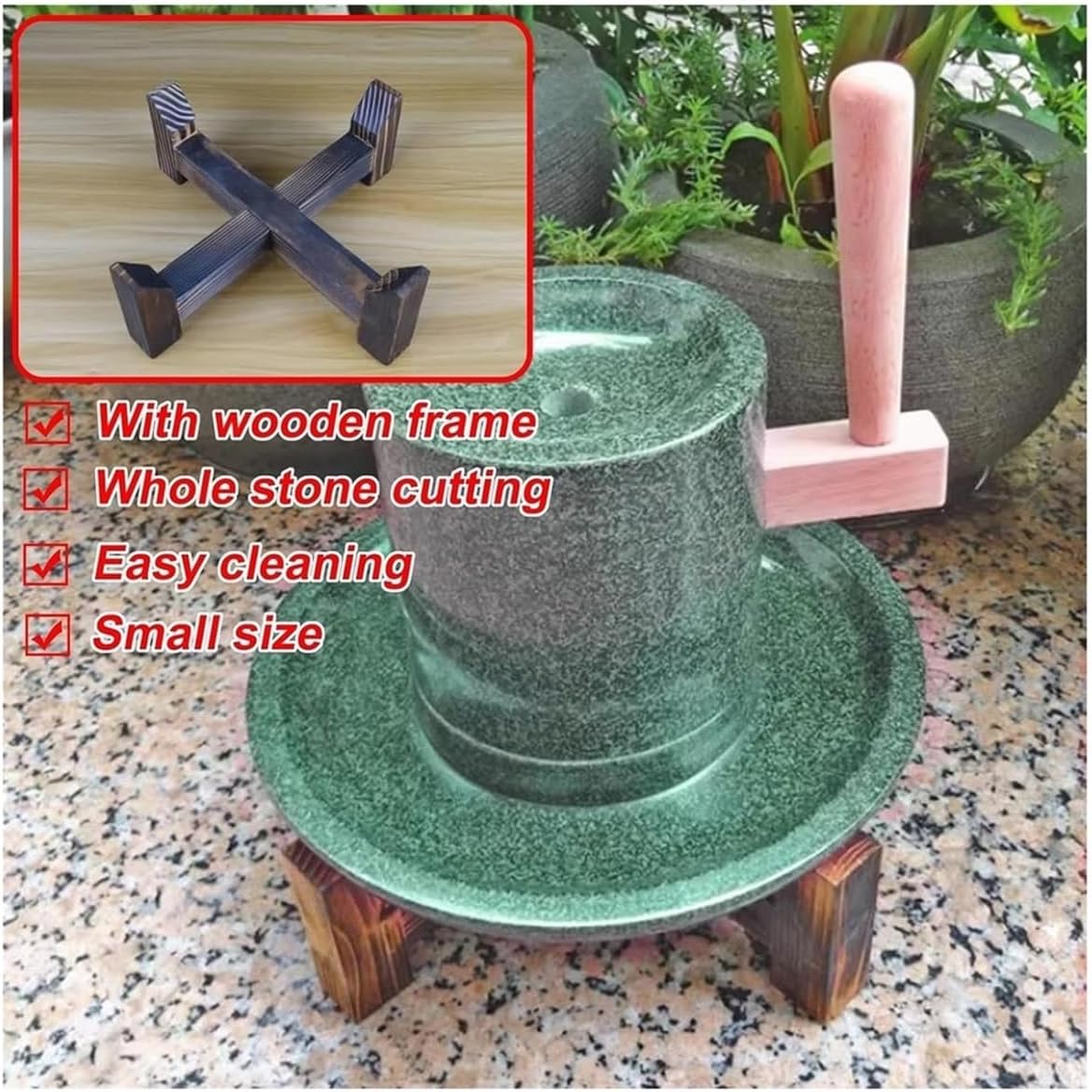 Vintage Small Stone Mill,Household Stone Mill, Matcha Tea Powder Grinder with Wooden Frame,for Grinding Wet and Dry Grains(Large)