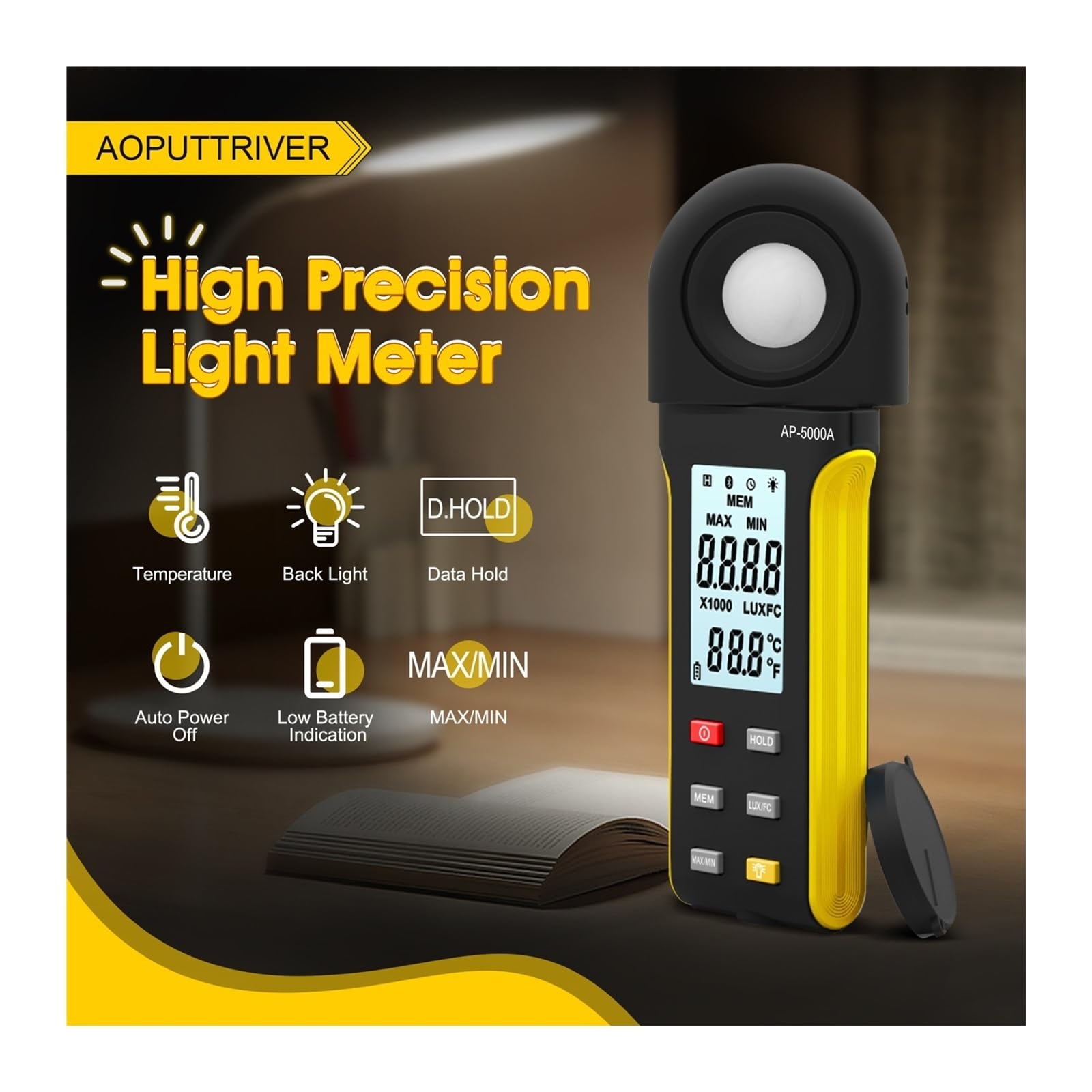 Luxmetro Esposimetro Digitale, Luxmetro digitale ad alta precisione -5000A, ampio intervallo da 1 a 400.000 lux, interruttore unità Lux/Fc, registrazione MAX/MIN, display integrato per luci a LED e mi