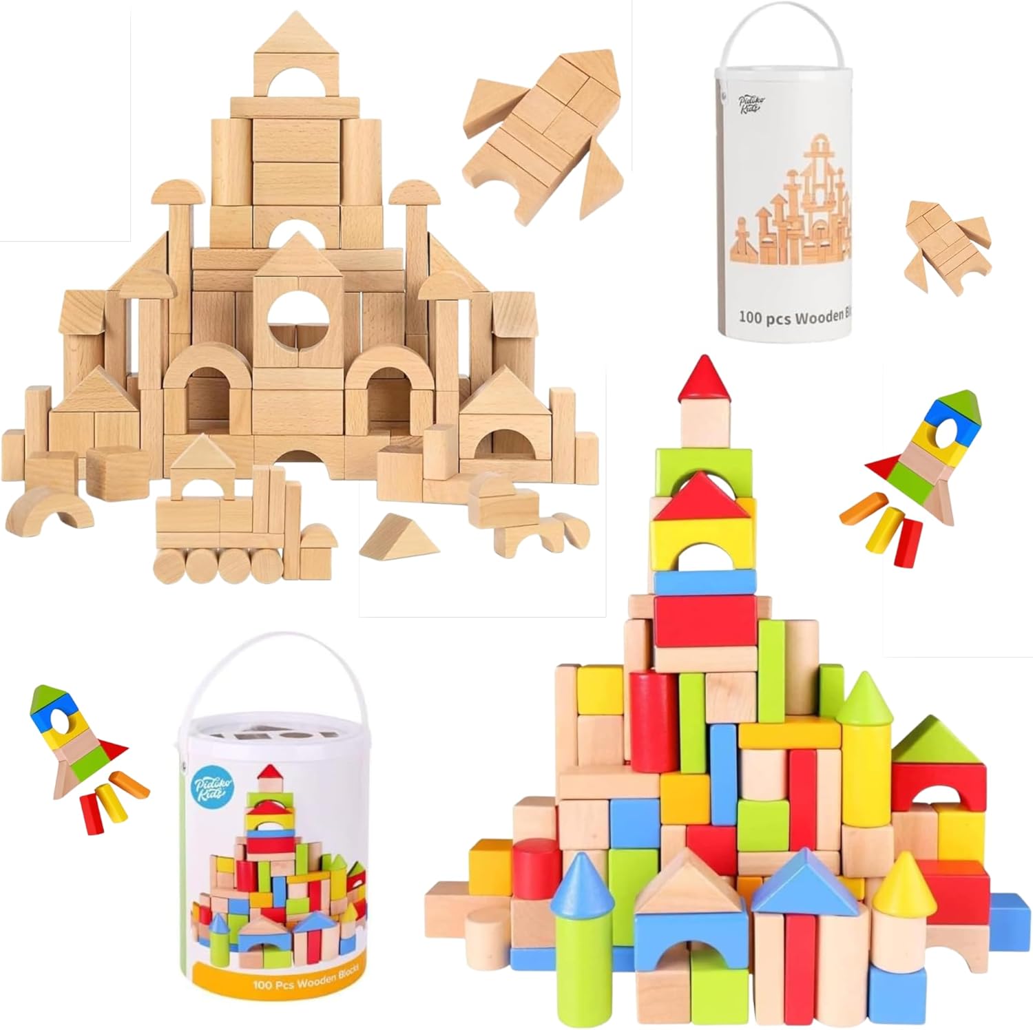 Pidoko Kids Wooden Blocks - 100 Pcs - Building Blocks for Toddlers - Includes Storage Container with Shape Sorter Lid - Natural Beech Wood Blocks - Preschool Learning Toys Stacking Block - Bundle