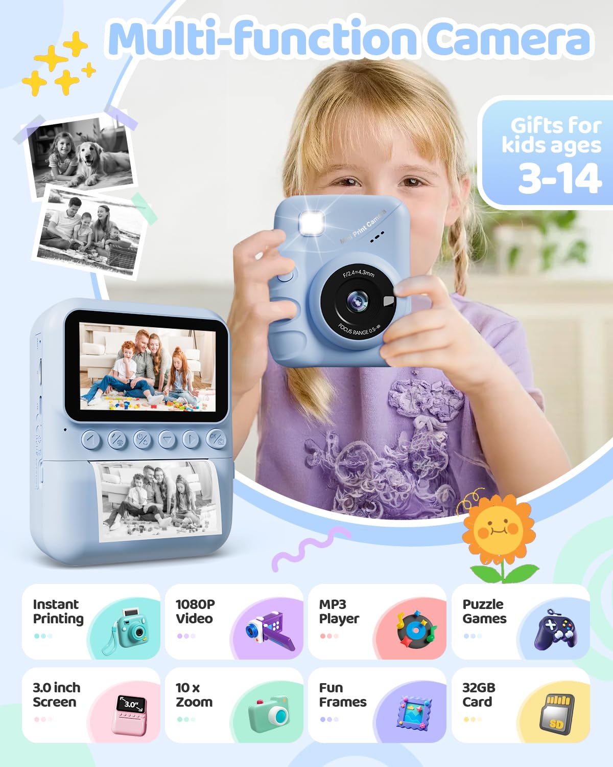 TIATUA Macchina Fotografica Bambini Istantanea, 3.0 Pollici 48MP Fotocamera Digitale Bambini con 32GB Scheda & Papier Photo, Regalo di Natale per Bambini dai 3-12 Anni